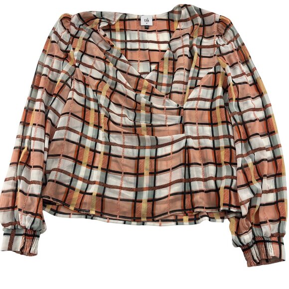 Cabi Women's Plaid Long Sleeve Blouse Medium Polyester Peach/Black Career - Picture 1 of 5